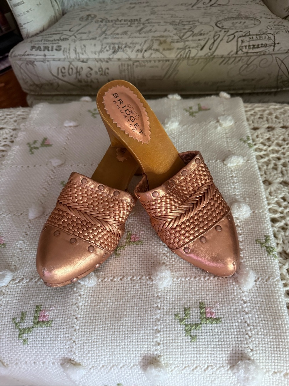 Metallic Rose Gold Woven Mules Briget Shuster